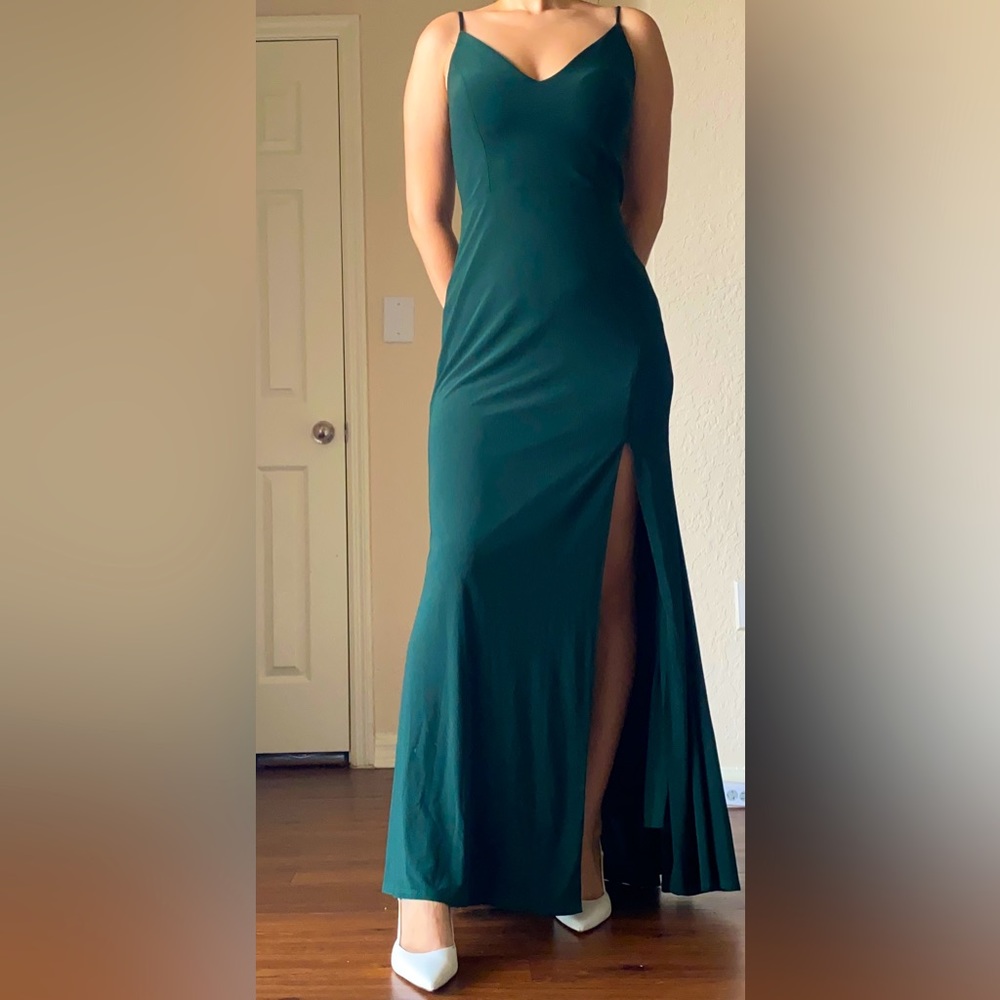 Forest green long gown with spaghetti straps